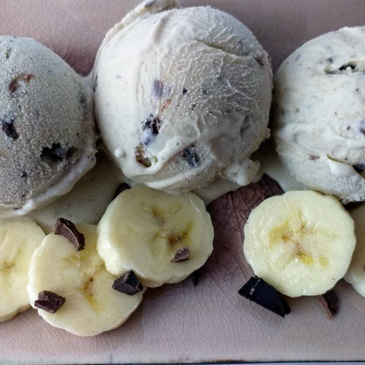 Banana chocolate chunk ice cream on a plate